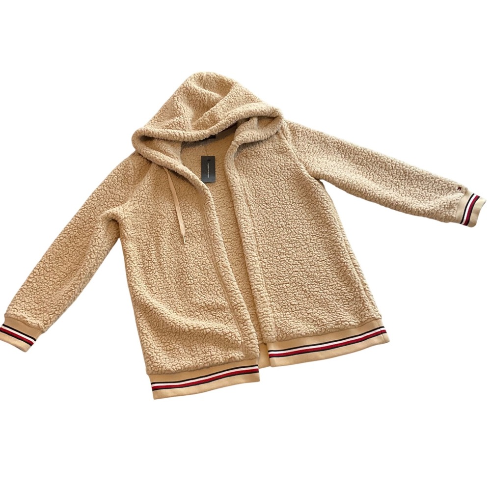 Tommy Hilfiger Sherpa Fleece‎ Hooded Jacket Tan Beige Stripe Trim Size M